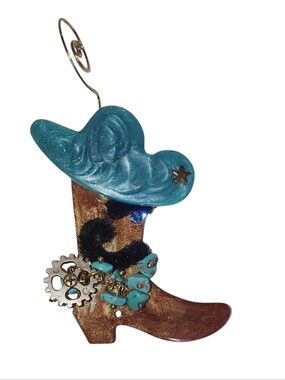New Brown & Turquoise Resin Cowboy Boot Black Mustache Eyebrow Sparkle Blue Eye